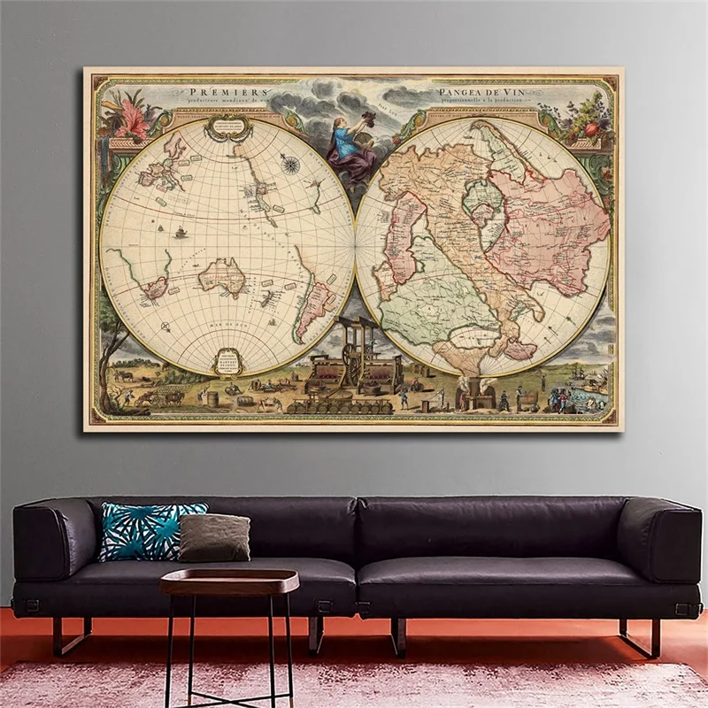 Toile Non tissée de la carte du monde, 84x59cm, peinture Vintage, affiches et imprimés, fournitures d'enseignement, décoration de la maison