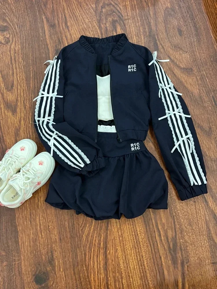 

Autumn Vintage Pure Color Sporty Outfits Women Causual Bow Long Sleeve Jacket Coat High Waist Elastic Mini Skirt 2 Piece Set