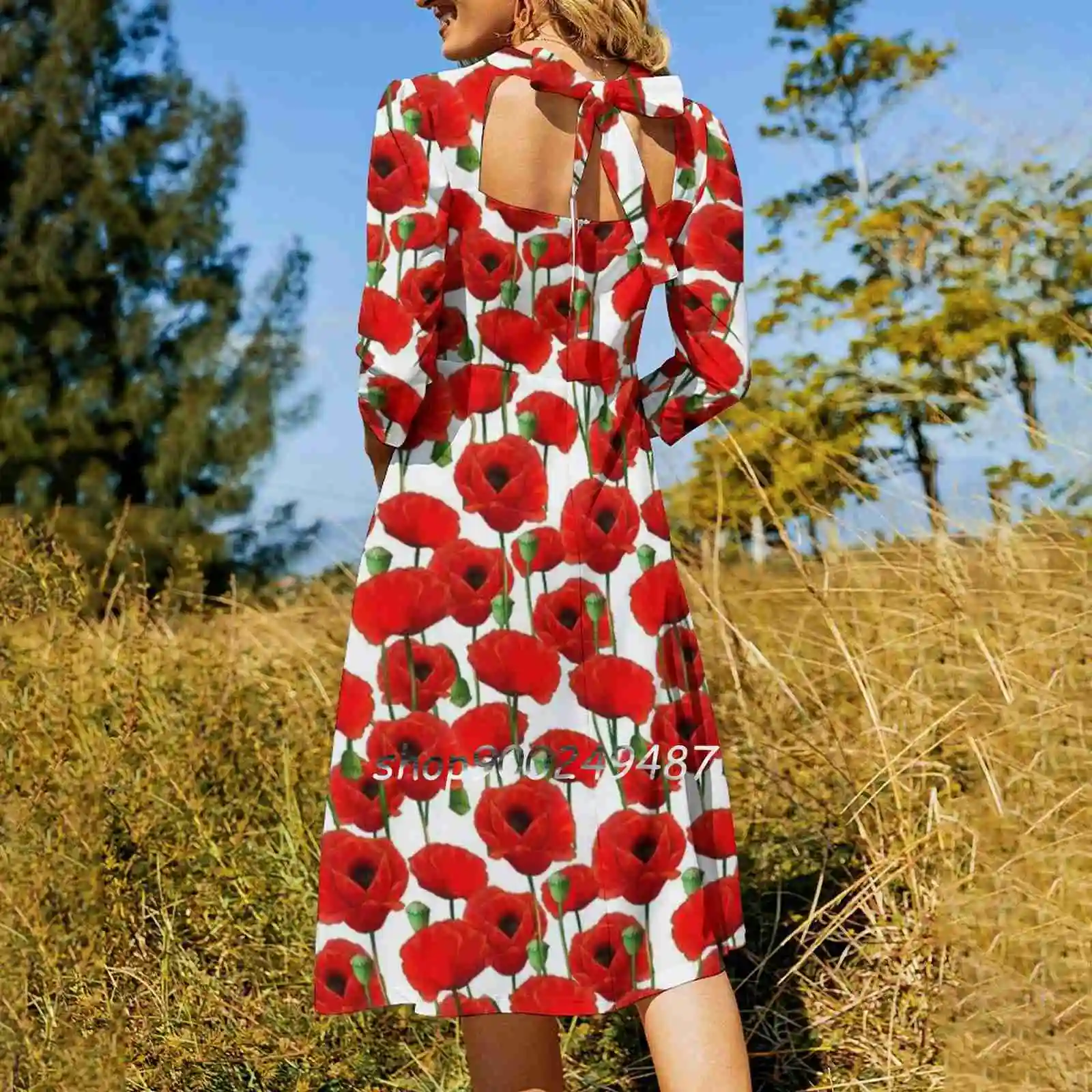 Poppy Pattern Sweet Elegant Dress Women Korean Kawaii Square Collar Dress Poppies Poppy Poppy Field Red Poppy Poppy Pattern