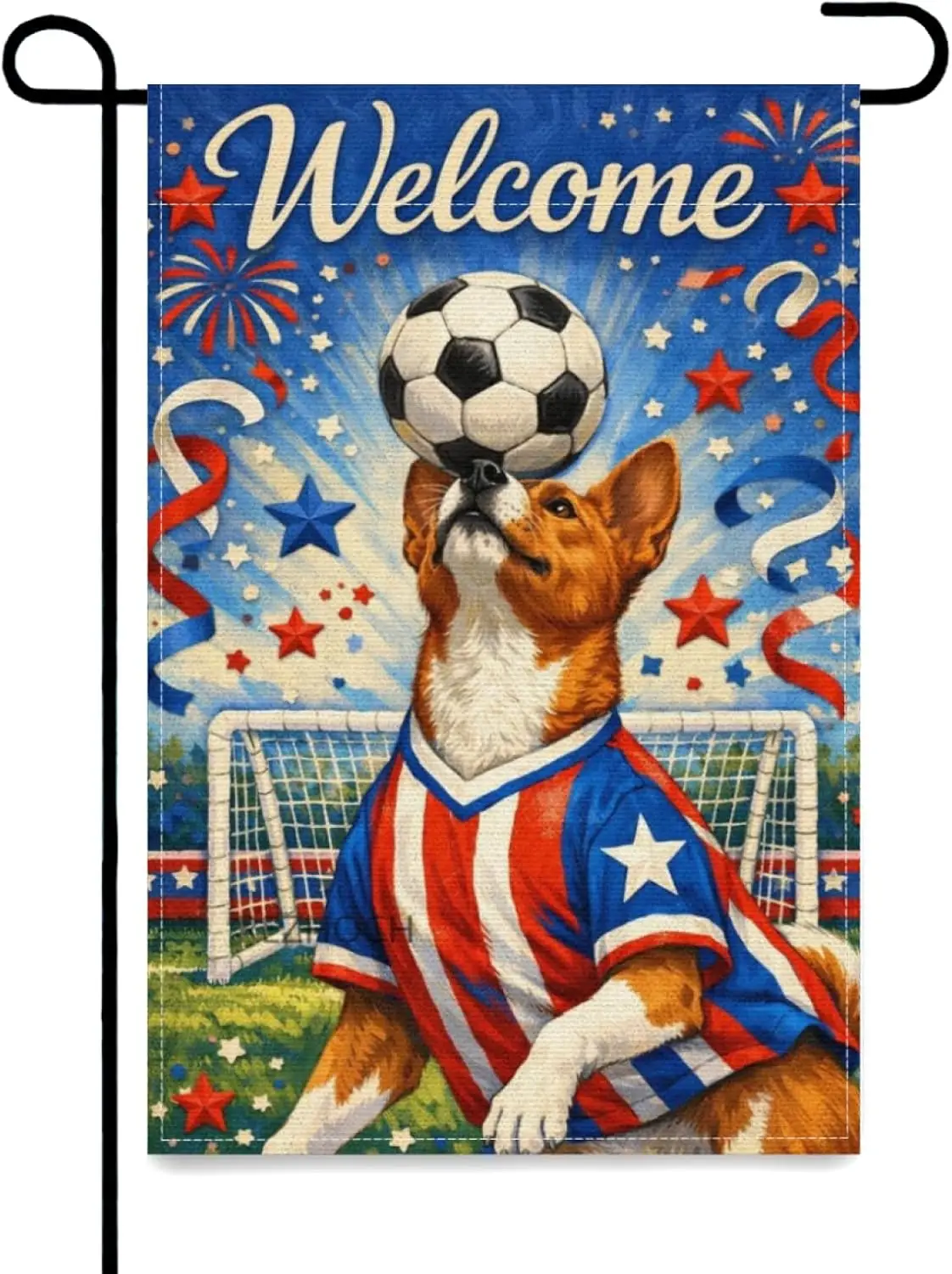 Welcome Funny Basenji Dog Garden Flag 12x18Inch,Boho American Red White Blue Outdoor Yard Decor,Soccer Animal Festive Stars  AAS