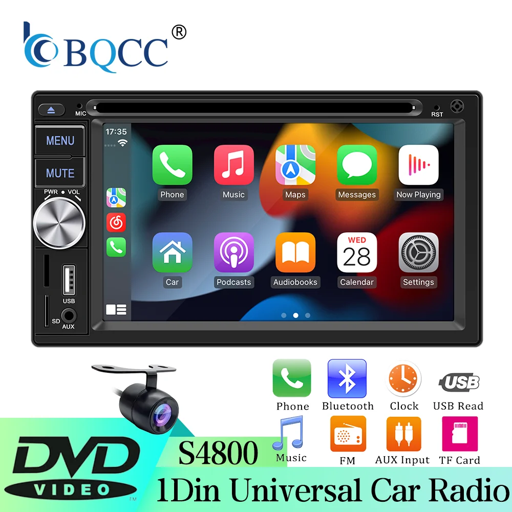 BQCC 2Din Car DVD Player Wired CarPlay Android Auto FM AM Radio BT AUX USB TF Card Multimedia Stereo