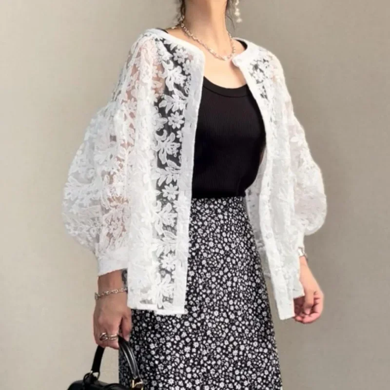 

2025 New Lace Spring Summer Blouses Women Tops Hollow Out Japan Style Lantern Sleeve Blusas Mujer Vintage Short Shirts