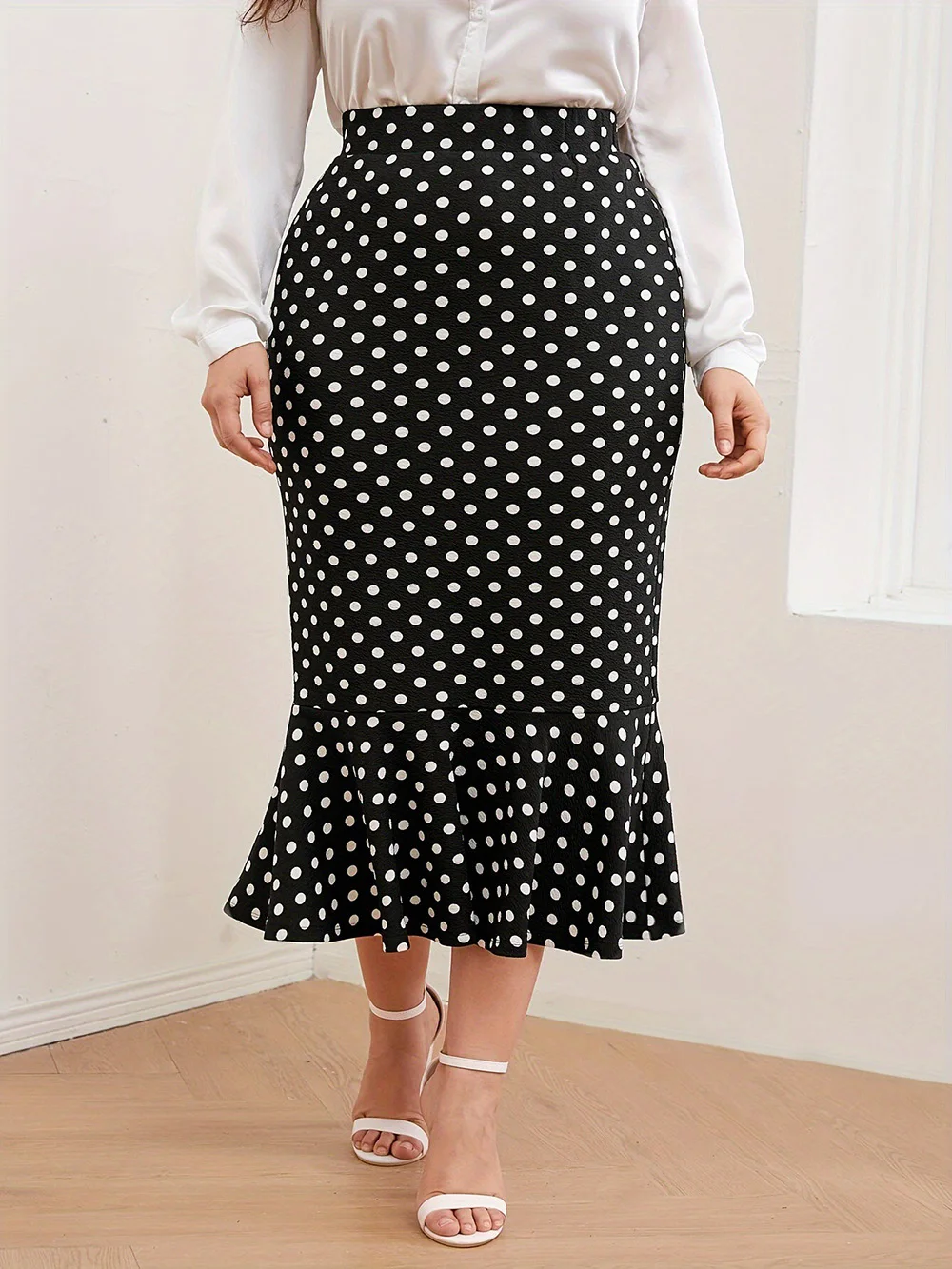 GIBSIE Plus Size Polka Dot Bodycon Mermaid Hem Skirt Women Autumn New Elegant High Waist Office Ladies Vintage Long Skirts