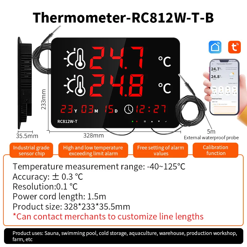 WiFi Thermometer Wireless Remote Monitoring Indoor Large Screen Time Display Pool Dual Temperature Probe Monitor Thermometer