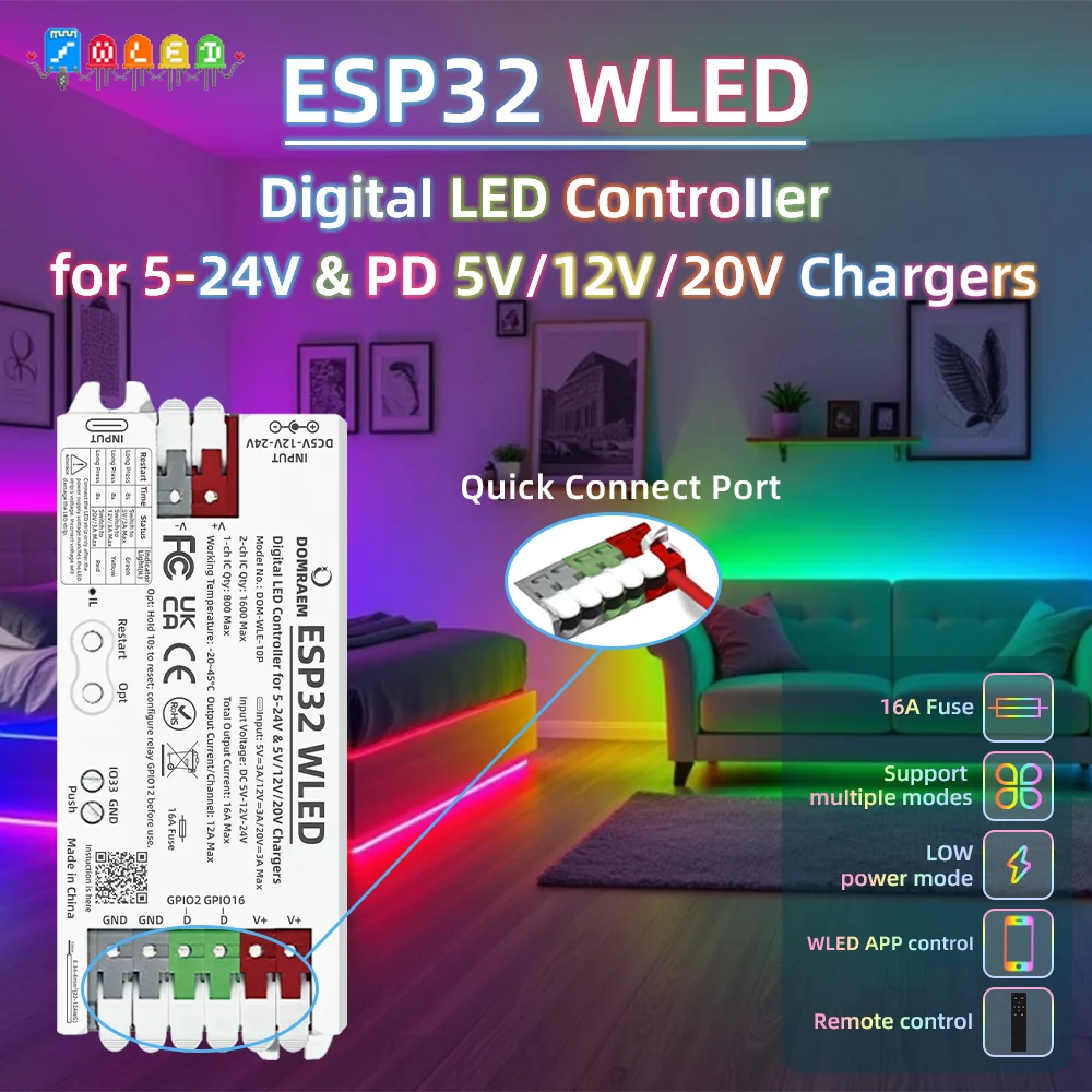 DOMRAEM ESP32 WLED Controller - Dual PSU (PD & 5-24V DC), 16A Fuse. Supports WS2812B WS2805 SK6812 APA102 Digital LED Strips Etc
