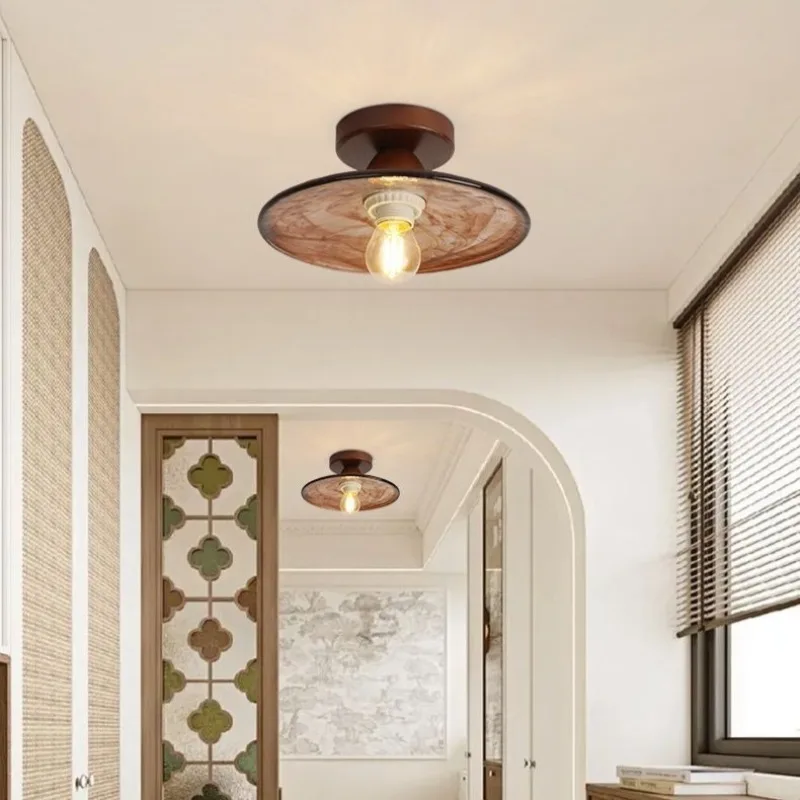 

Retro Wind Atmosphere Corridor Aisle Light Entrance Geometry Glass Balcony Lamp Medieval Style Walnut Color Ceiling Light