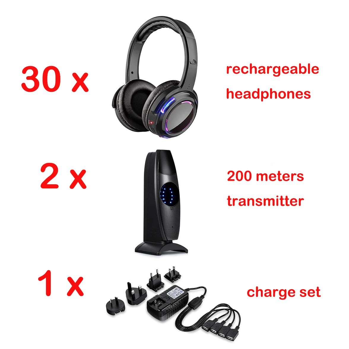 Silent Disco Compete System Black Led Wireless Headphones - Quiet Clubbing Party Bundle (30 Headphones + 2 Transmitters)