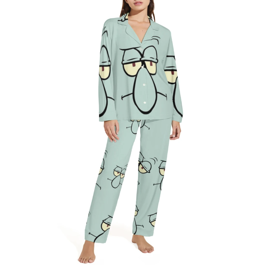 Cute Sponge-bob Cartoon Cotton pajamas set for men and women, long-sleeved strawberry doll print casual pajamasCute Sponge-bob