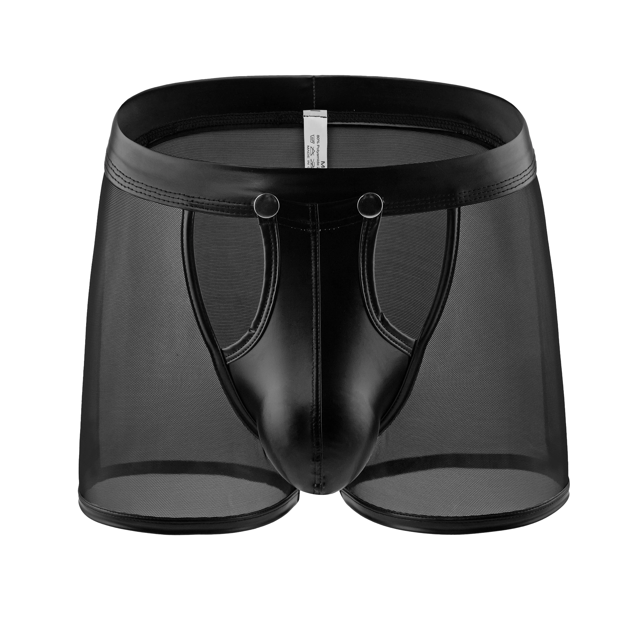 

Boxers Men's Sexy Mesh See-through With Faux Leather Button Open Crotch Pouch Boxer Shorts Low Waist Breathable Underwear Trunks