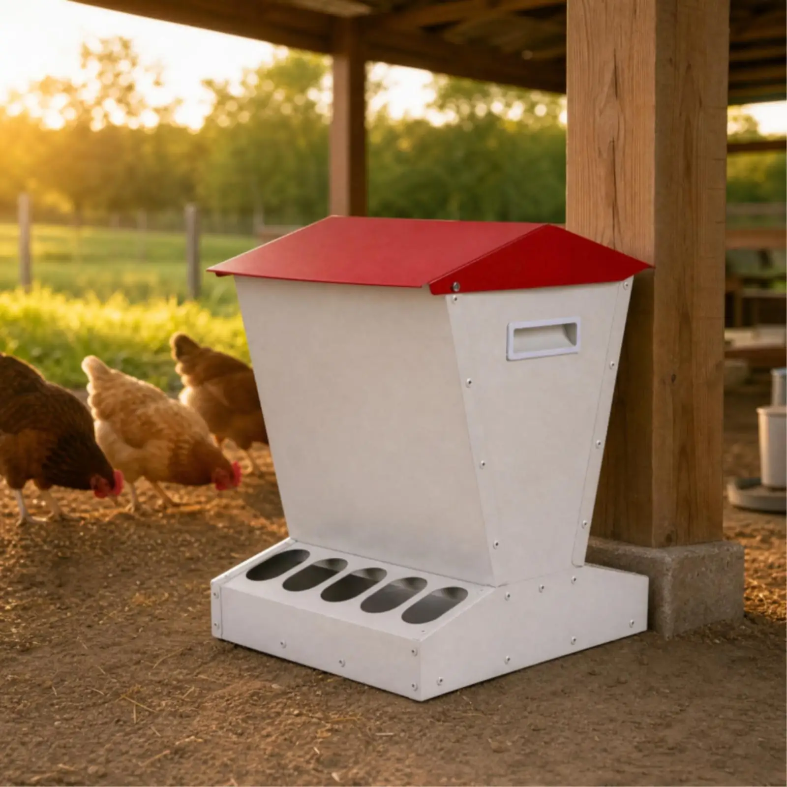 Poultry Feeder Trough Galvanized Steel Chicken Feeder with 10 Feed Holes and Protected Bin for Fowl Use