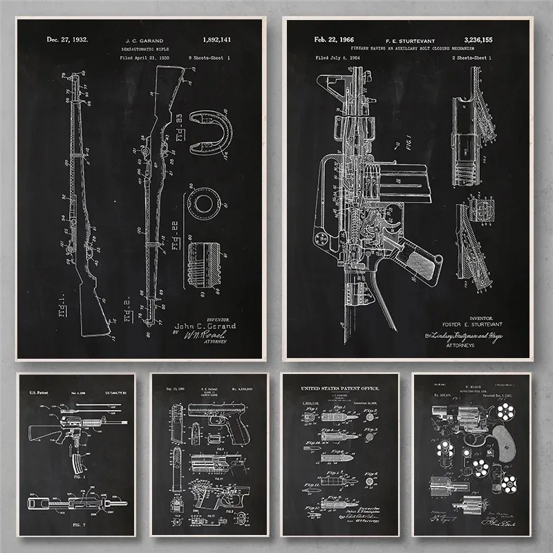 Black Vintage Gun Design Drawings Poster Glock 17 Prints Canvas Painting Wall Art Pictures for Living Boy's Room Home Decoration