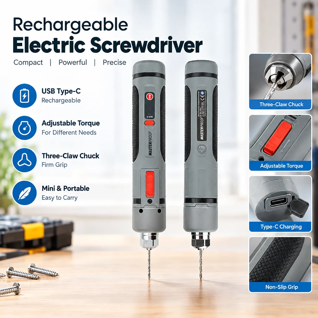 Cordless Electric Screwdriver with 3-Jaw Clamping Chuck 3 Torque Levels Dual LED Light Manual 10Nm Max Torque Type-C Charging