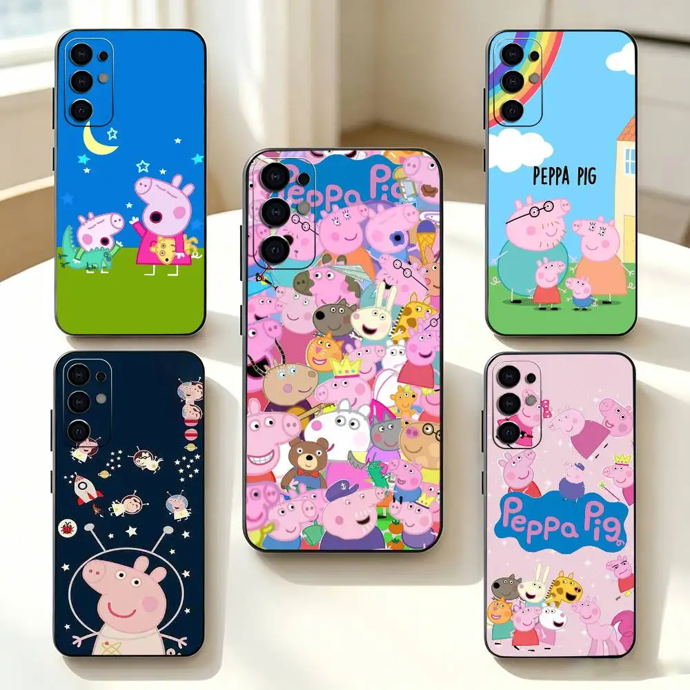 Capa de Telefone Cartoon Rosa P-Peppa Pig para Samsung S25, S24, S21, S22, S23, S30, Ultra, S20, Plus, Fe, Capa de Silicone Macia Preta