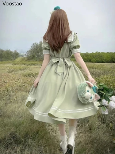 Imagen 2 del producto Vestido japonés suave para hermana, bonito vestido de Lolita para mujer, dulce manga abombada, Vestidos ajustados para estudiantes, Vestidos de fiesta Retro para niñas con lazo y cuello Salior