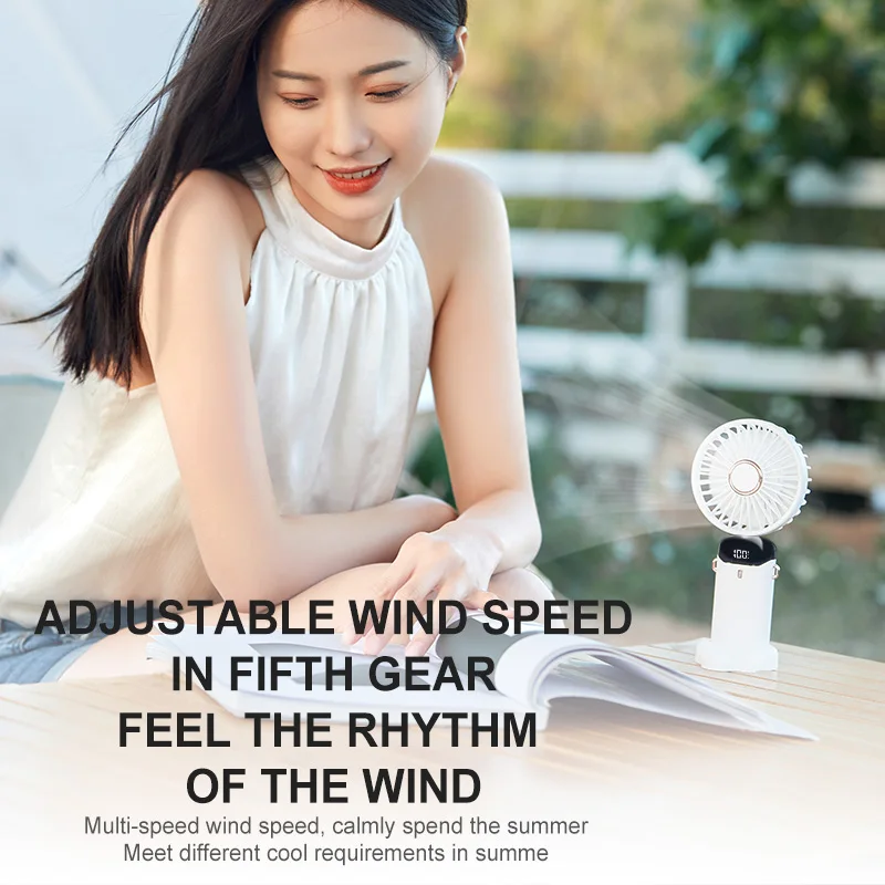 Handheld Mini Fan Foldable Portable Neck Hanging Fans 5 Speed USB Rechargeable Fan with Desk Phone Stand and LED Display Screen