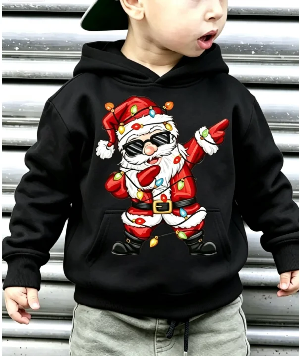 boys hoodie pullover, cool santa claus with sunglass and light string print, long sleeve hooded sweatshirt,blackholidaycasualtop