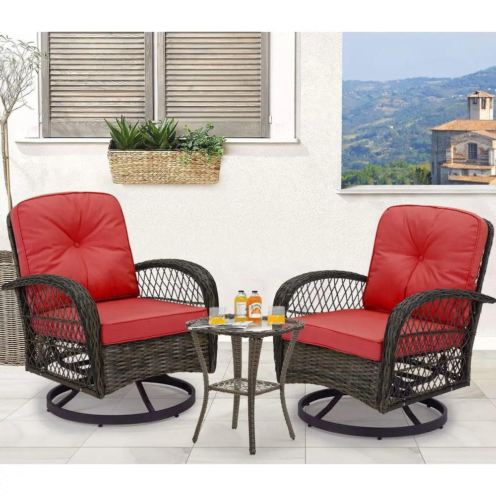 

3-Piece Swivel Rocking Patio Chair Set with Cushions and Glass Table, Wine Red