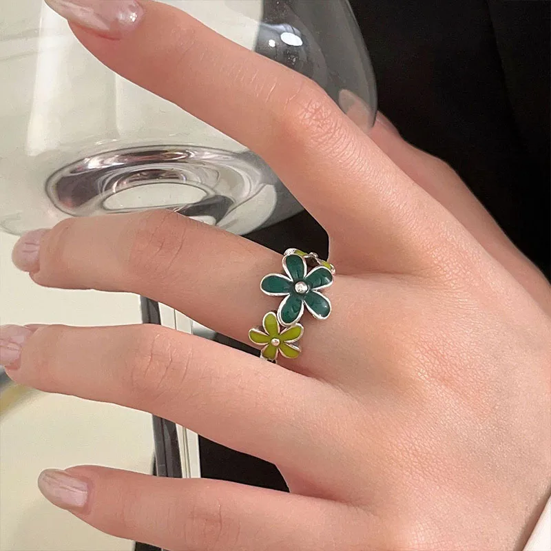 S925 Sterling Silver Flower Dropping Gel Ring for Women's Simple Retro Fashion Style Push-pull Design Ring Fashion