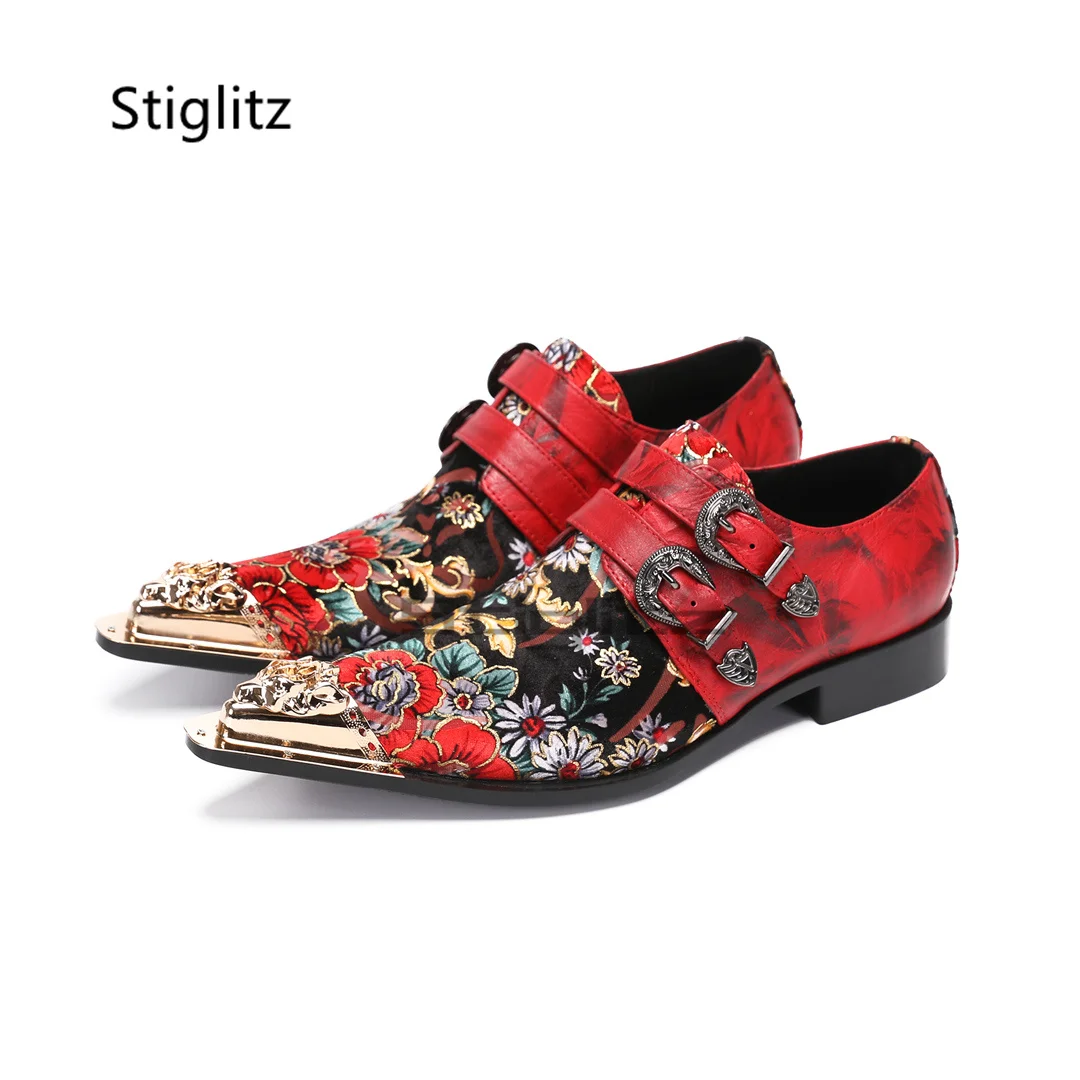 

Red Prints Flowers Genuine Leather Men's Shoes Wedding Metal Pointed Toe Belt Buckle Mixed Colors Party Slip On Male Shoes