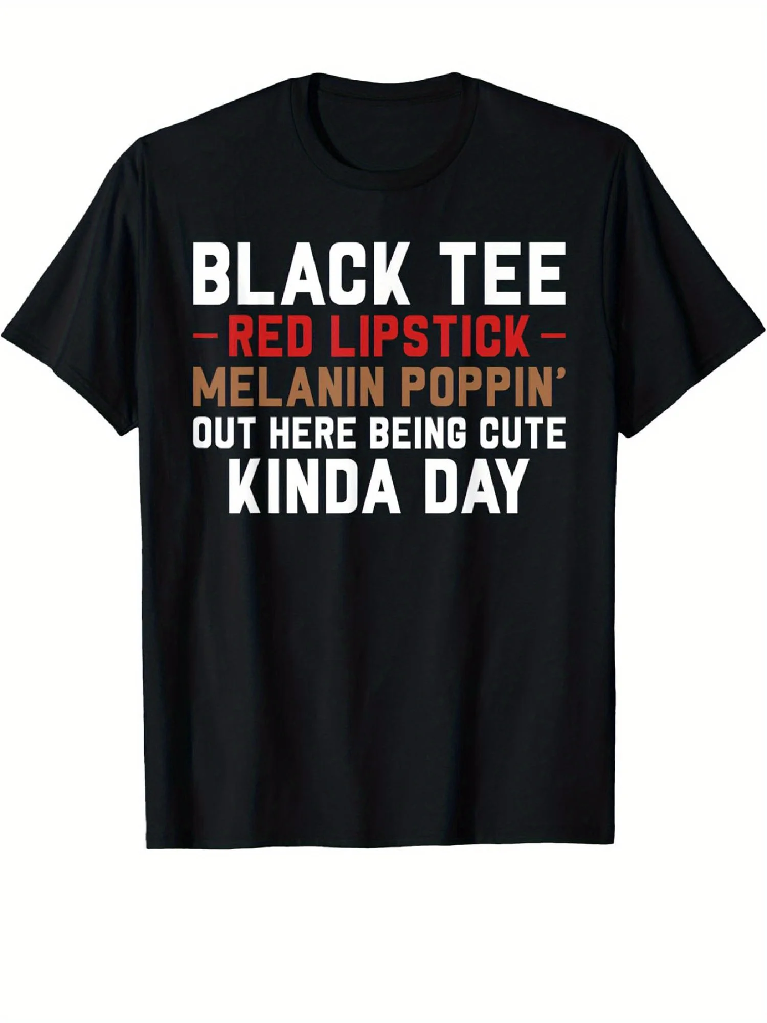

[Cotton Melanin Poppin' Tee] 100% Cotton Casual Black Tee Red Lipstick Melanin Poppin' Graphic T-Shirt, Crew Neck
