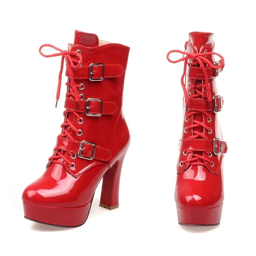 Winter Women Half Boots Platform Chunky High Heel Patent Leather Plush Buckle Lace Zipper Punk Ladies Mid Calf Motorcycle Boots