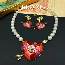 Qingdao Zhonggu Ornament Vintage Pearl Sweet One Arrow through Heart the Arrow of Love Enamel Earrings Necklace