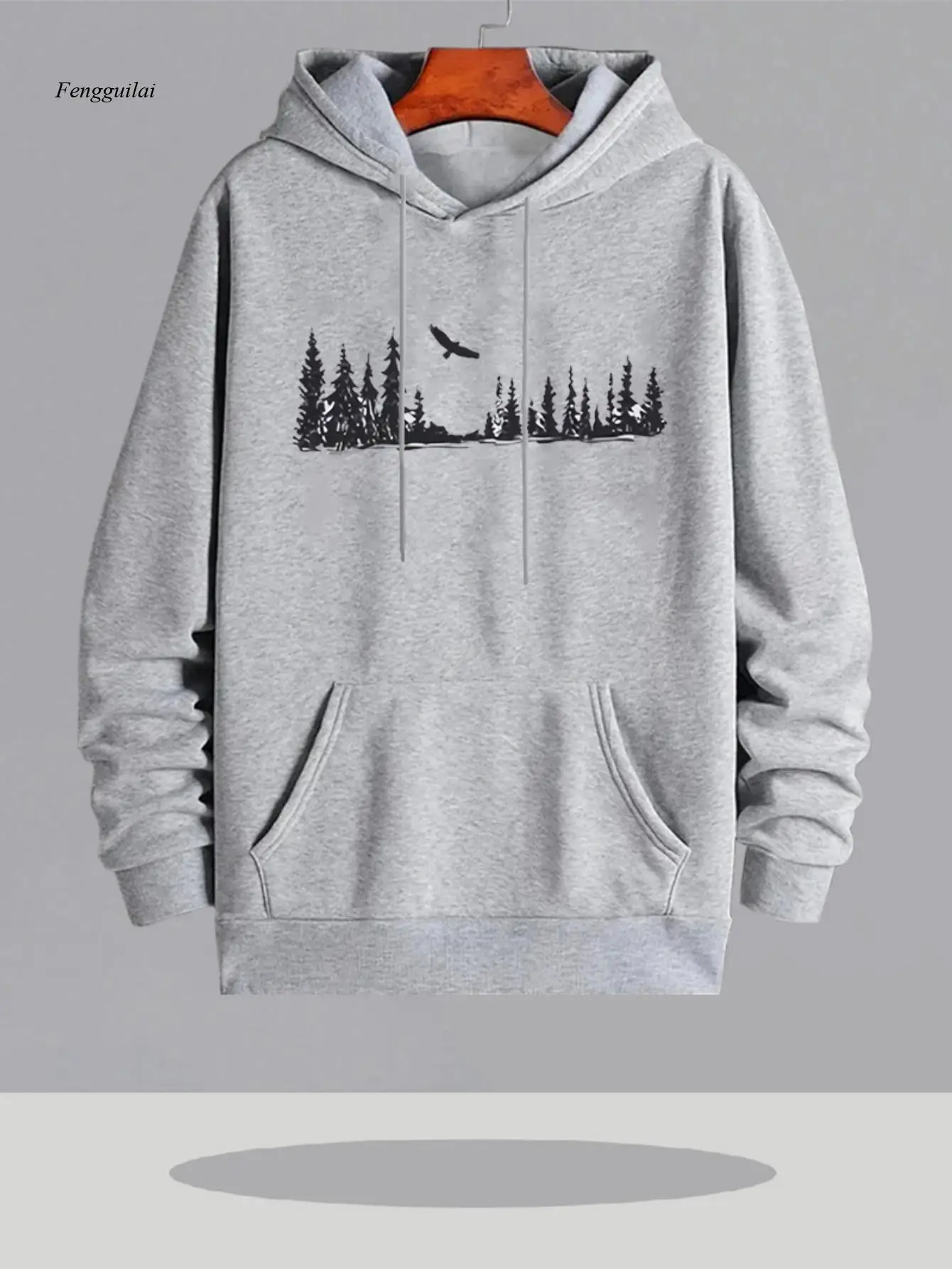 

Серая куртка с лесным принтом и капюшоном — зимнее теплое пальто с длинными рукавами, сосновым и горным дизайном, повседневное пальто для спортзала на открытом воздухе