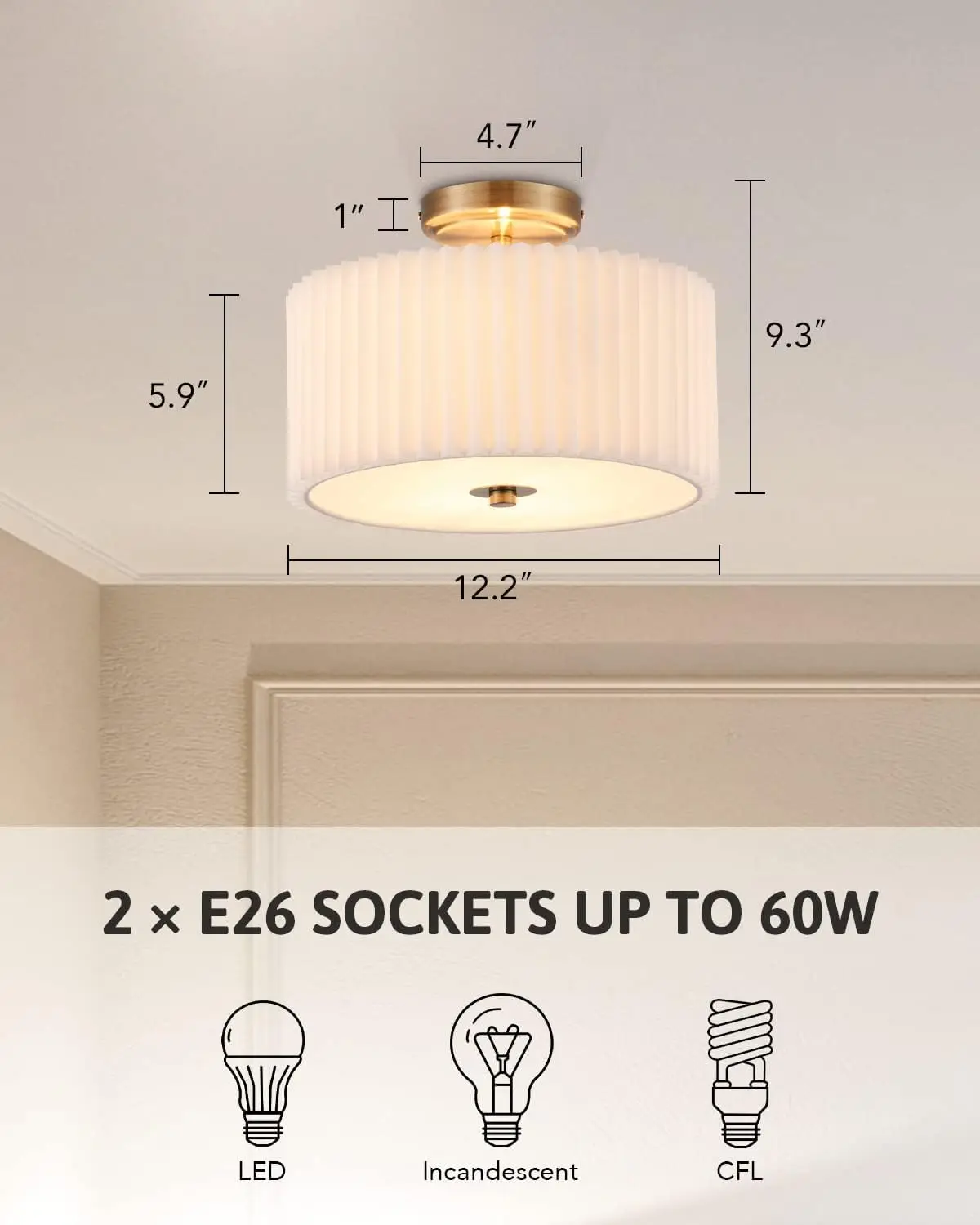 Vonluce Semi Flush Mount Ceiling Light, 13-calowa oprawa sufitowa z bębnem i 2 światłami, nowoczesna oprawa sufitowa do montażu na suficie