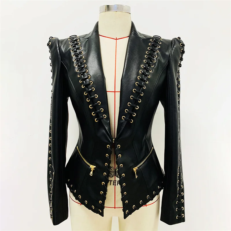 Sheepskin Coatสําหรับผู้หญิงใหม่ฤดูใบไม้ร่วง2025ไก่Eye TieเชือกSlim FitปกแขนยาวหนังเทียมPUผู้หญิงเสื้อ