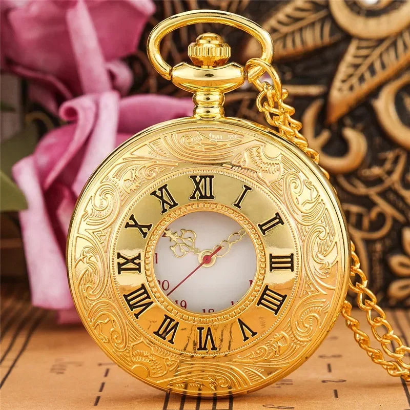 Luxury Yellow Gold Carving Roman Number Pocket Watch Men Women Quartz Watches Pendant Clock Necklace Chain Relgio de bolso