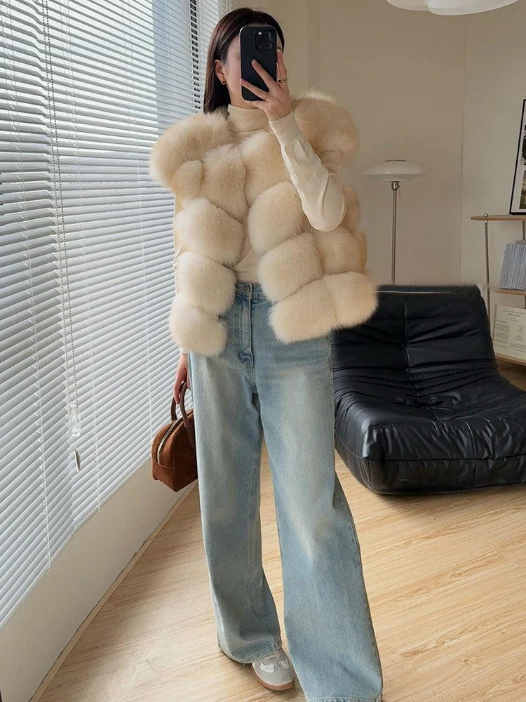 여성용 푹신한 리얼 폭스 모피 민소매 조끼 천연 모피 양복 조끼 럭셔리 겉옷 재킷