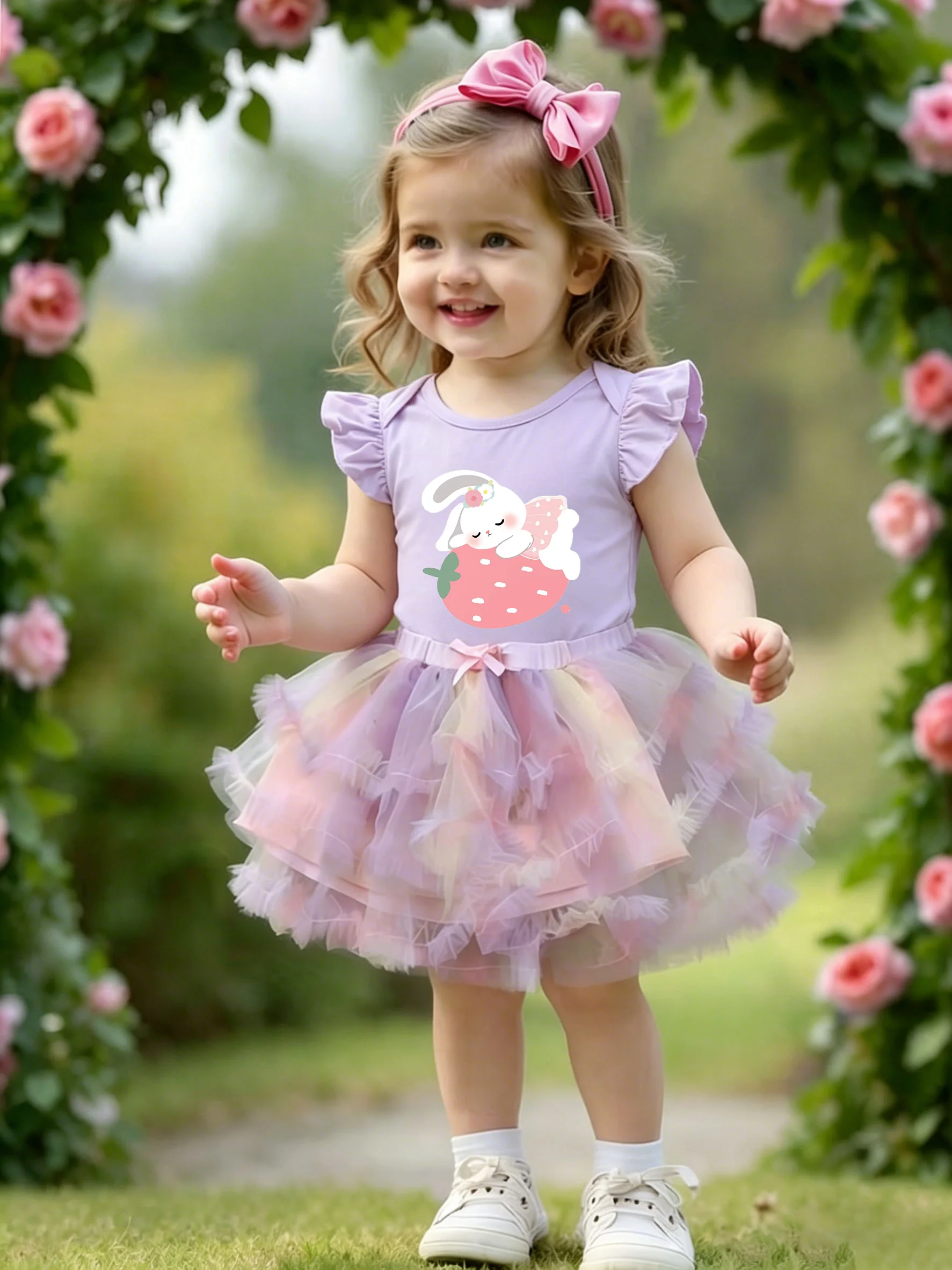 Cozy Strawberry Bunny Print Girls Ruffle Sleeve Top, Sweet Gradient Tulle Tutu Skirt Set