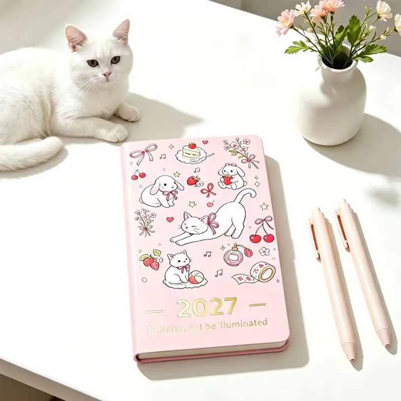 2027 Agenda Book Cat Dog Illustration Hard Shell Notebook Diary Calendar Time Management Diary Learning Planning Notebook