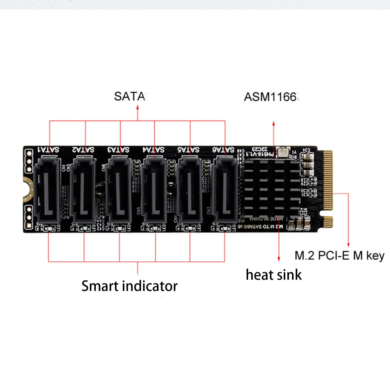 M.2 Nvme Pci-e Pcie X 4X8X16 Naar 6 Poort 3.0 Sata Adapter Kaart Riser Iii 6 Gb/s Chassis Server Pc Uitbreiding + 6 Stuks 3.0 Sata Kabel