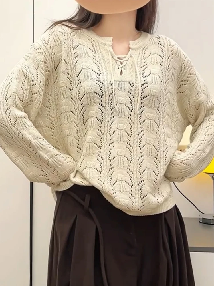 

Ladies' Knitted V-Ne Hollow out Lazy Sle Sweater Belted Autumn Winter New Arrival plus Size Warmth Emitting Long Sve Top