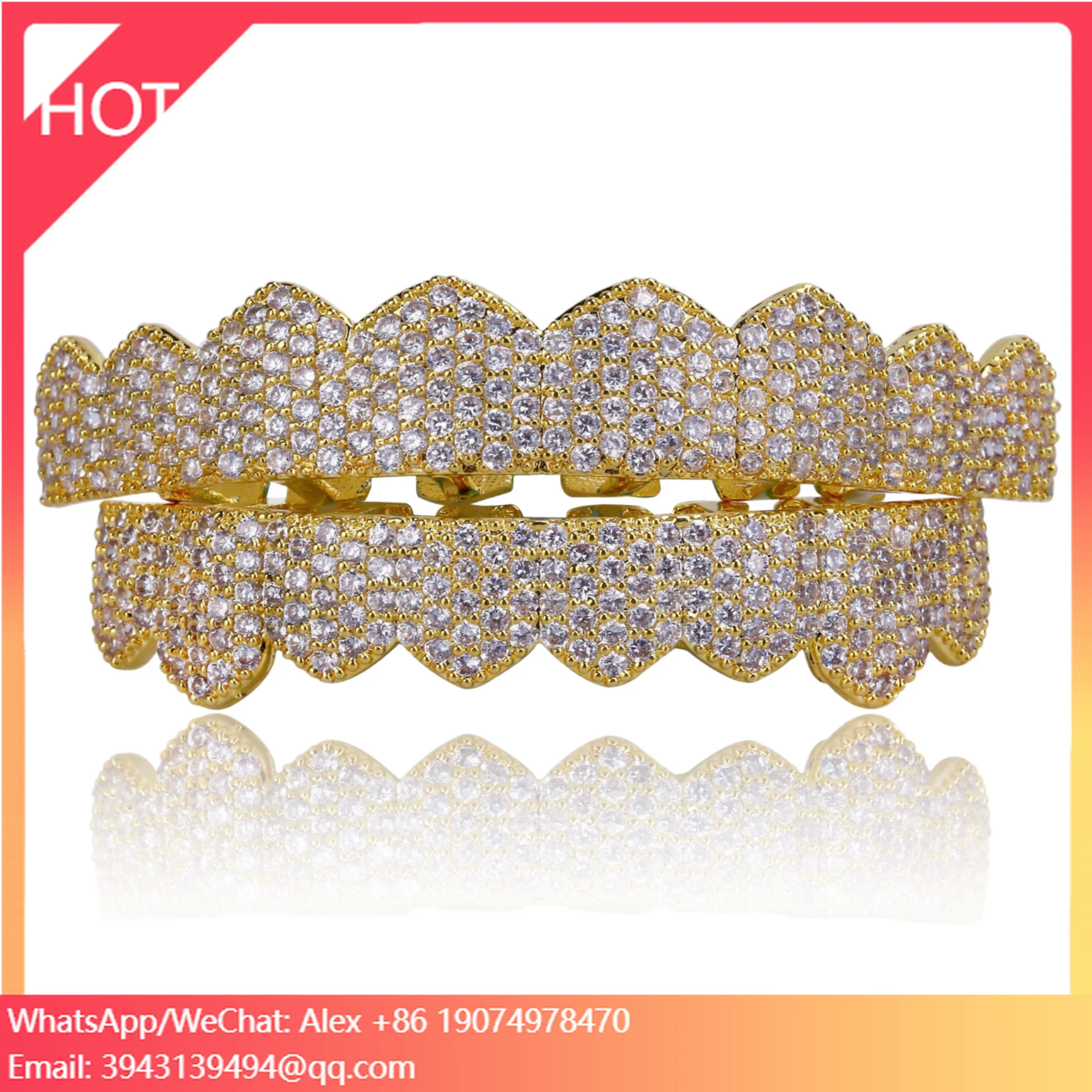 

Wholesale Custom Gold Plated Teeth Grillz With Cubic Zirconia Micro Pave Slugs Punk Halloween Body Jewelry -hop Style