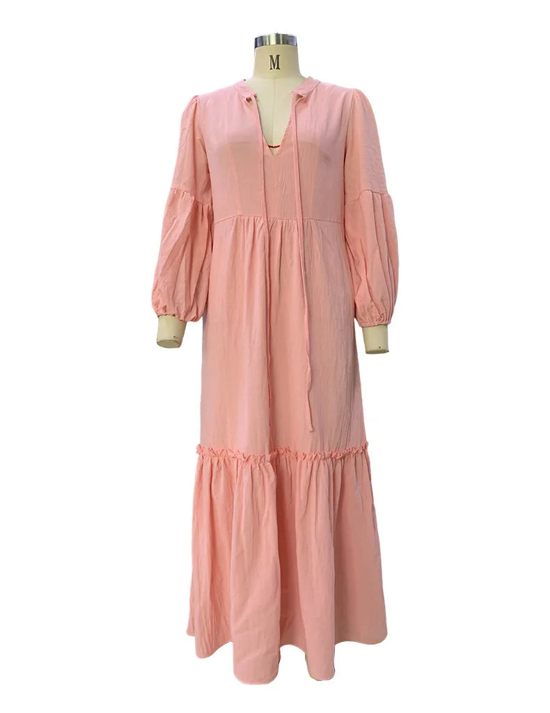 Puff Sleeve Casual Ladies V-Neck Long Linen Dress Fashion Solid Color Loose Autumn A-line Long Sleeve Beach Sundress