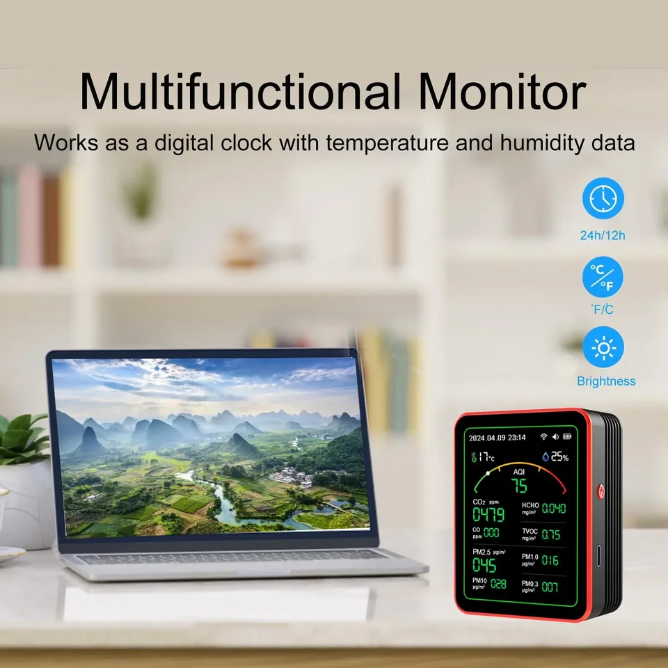 15-in-1 Luftqualitätsdetektor – Misst HCHO, TVOC, CO₂, Feinstaub & Mehr – Mit Tuya-App & 2000-mAh-Akku