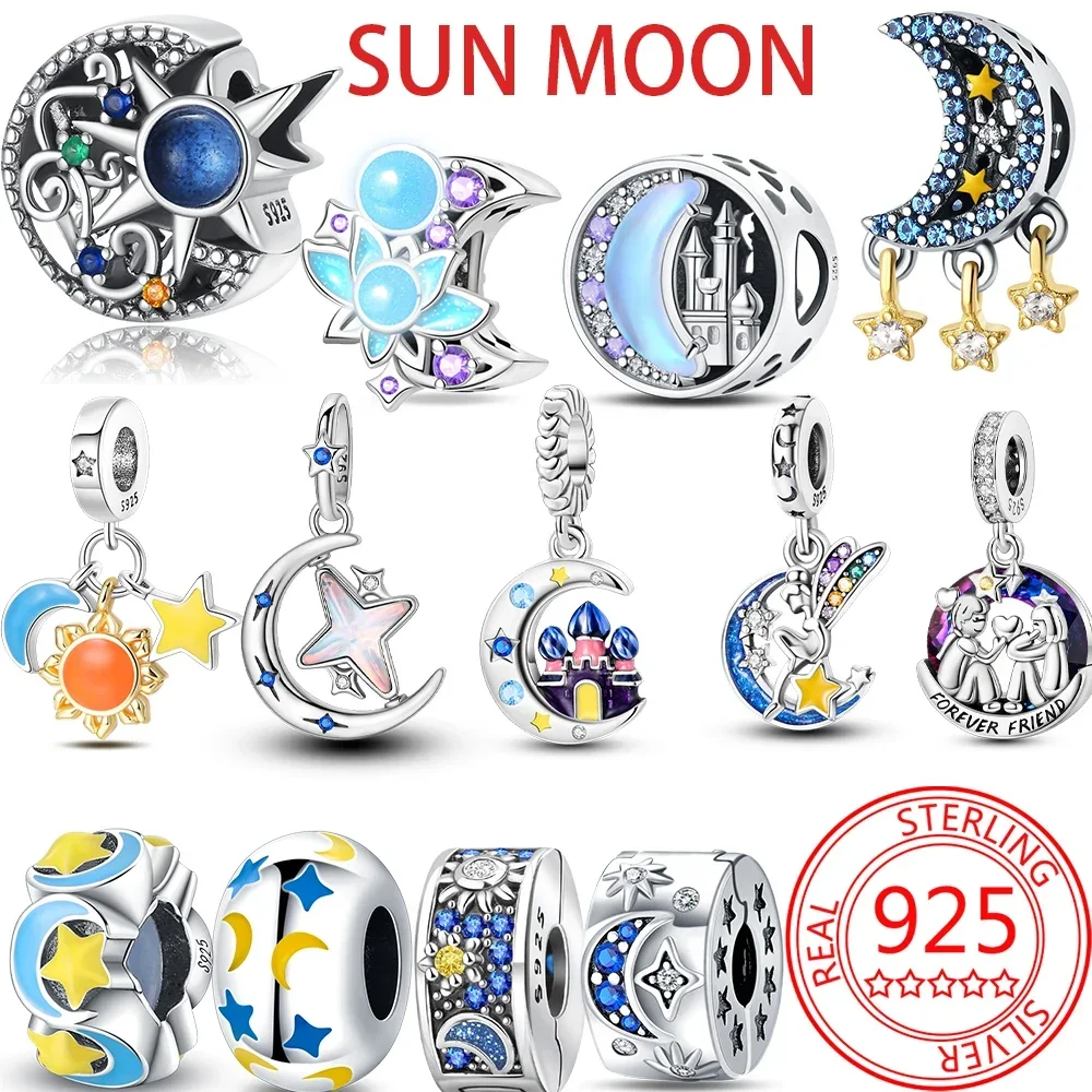 925 เงินสีZircon Luminous Sun Star Moon Series CharmsลูกปัดFit 925 สร้อยข้อมือเดิมFine DIYเครื่องประดับทํา