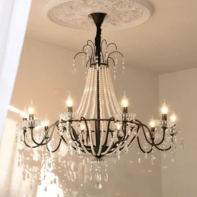 Modern LED Black Pearl Ceiling Chandeliers French Living Dining Room Pendant Lamp Home Decor Hanging Light Luster Fixtures