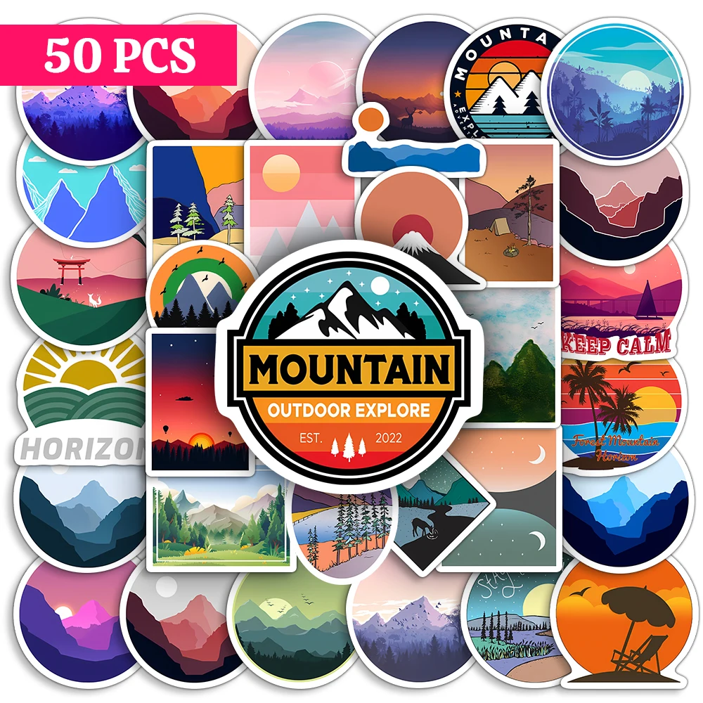 Forest Hiking Camping Stickers Outdoor Travel Beautiful Scenery The Sun Sets Over The Mountain PVC Waterproof for Phone Laptop