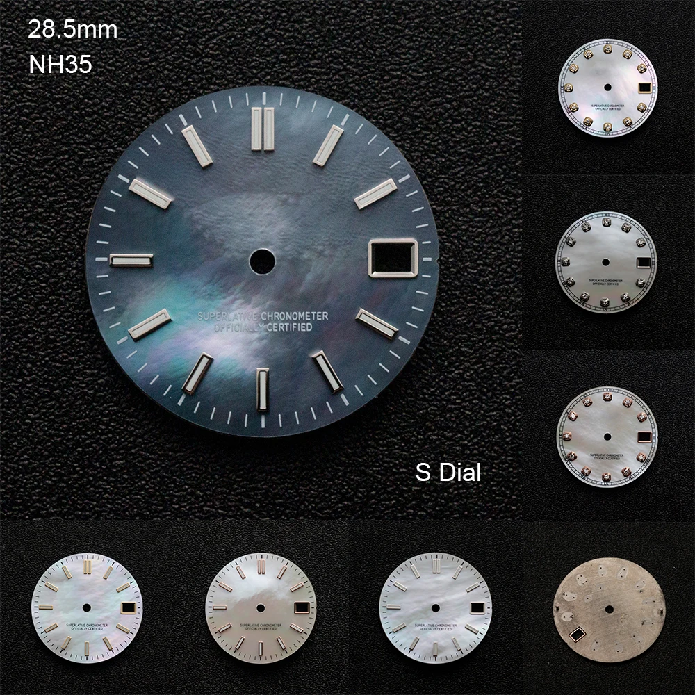 

28.5mm S Logo Fritillaria Dial Suitable For NH35/NH36/4R/7S Japanese Movement Green Luminous Watch Accessories