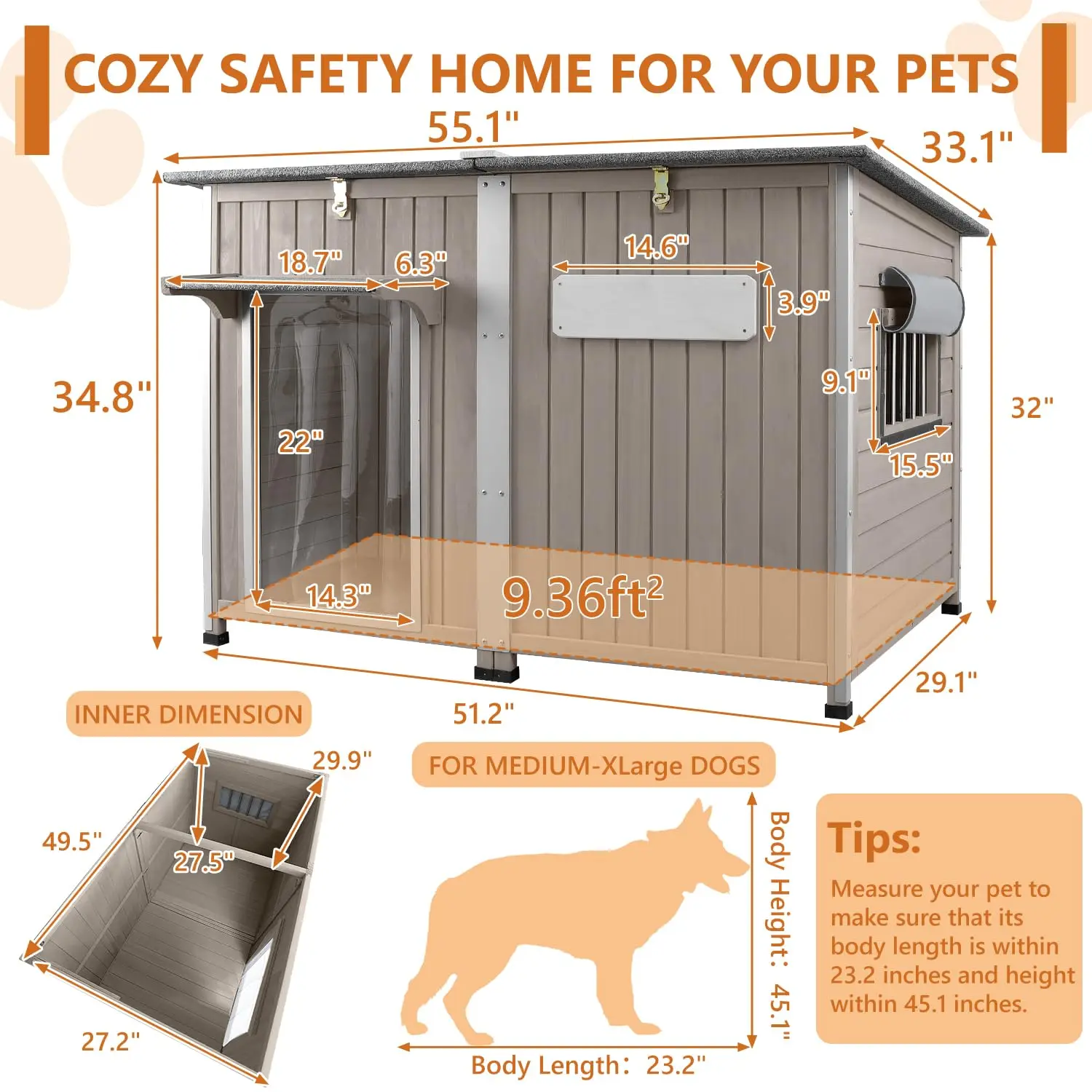 Weatherproof Asphalt Roof, Openable Top, Removable Floor, Vented Window, Easy Cleaning and Daily Access, for Large Breeds