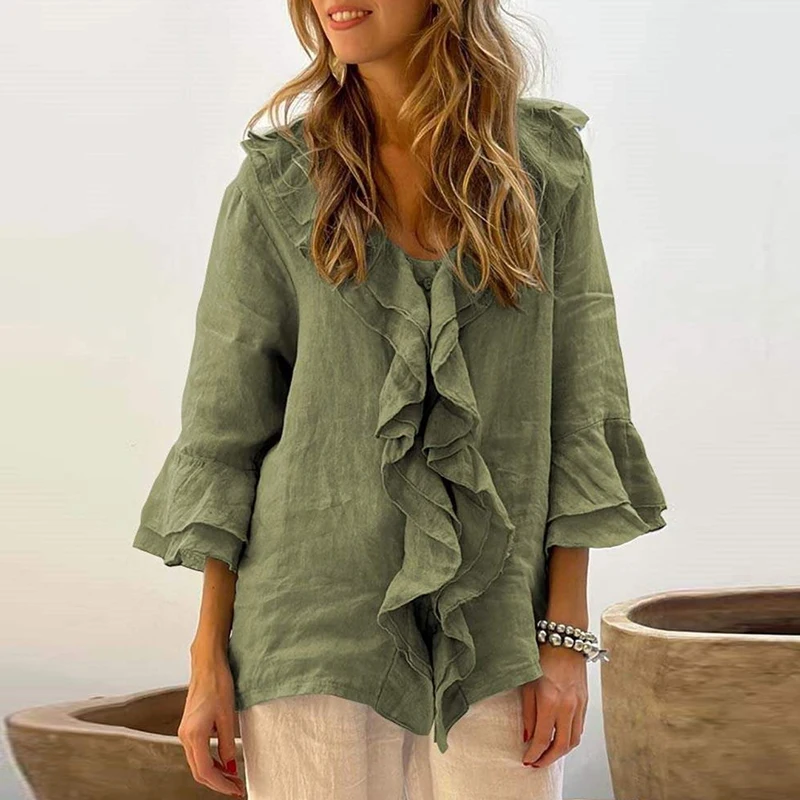 Vintage Casual Solid Ruffle Shirts & Blouses Women Spring Elegant V Neck Button Office Top Autumn 3/4 Flying Sleeve Loose Blusas