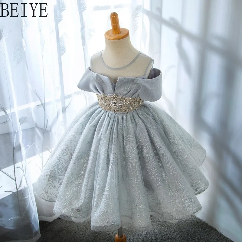 Off Shoulder Kids Formal Dress Rhinestone Belt Glitter Tulle Girls Pageant Princess Gown Wedding Flower Birthday Party Dress