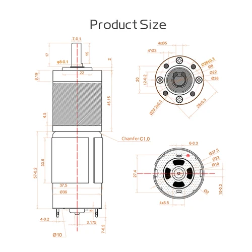 Imagen 2 del producto Motor de engranaje de CC 36GP-555, 12V/24V, velocidad ajustable hacia adelante y hacia atrás, alto par, 11PRM ~ 2160PRM, Motor de cepillo de engranaje planetario