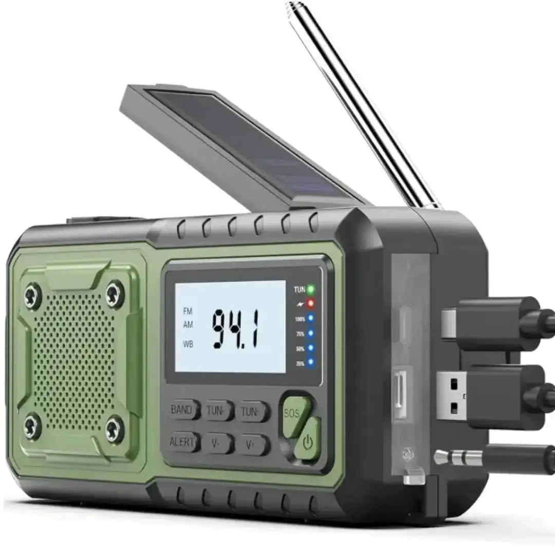 Radio solaire portable d'urgence 4000 mAh avec manivelle, radio météo AM/FM, lampe de lecture LED et chargeur de téléphone/banque d'alimentation