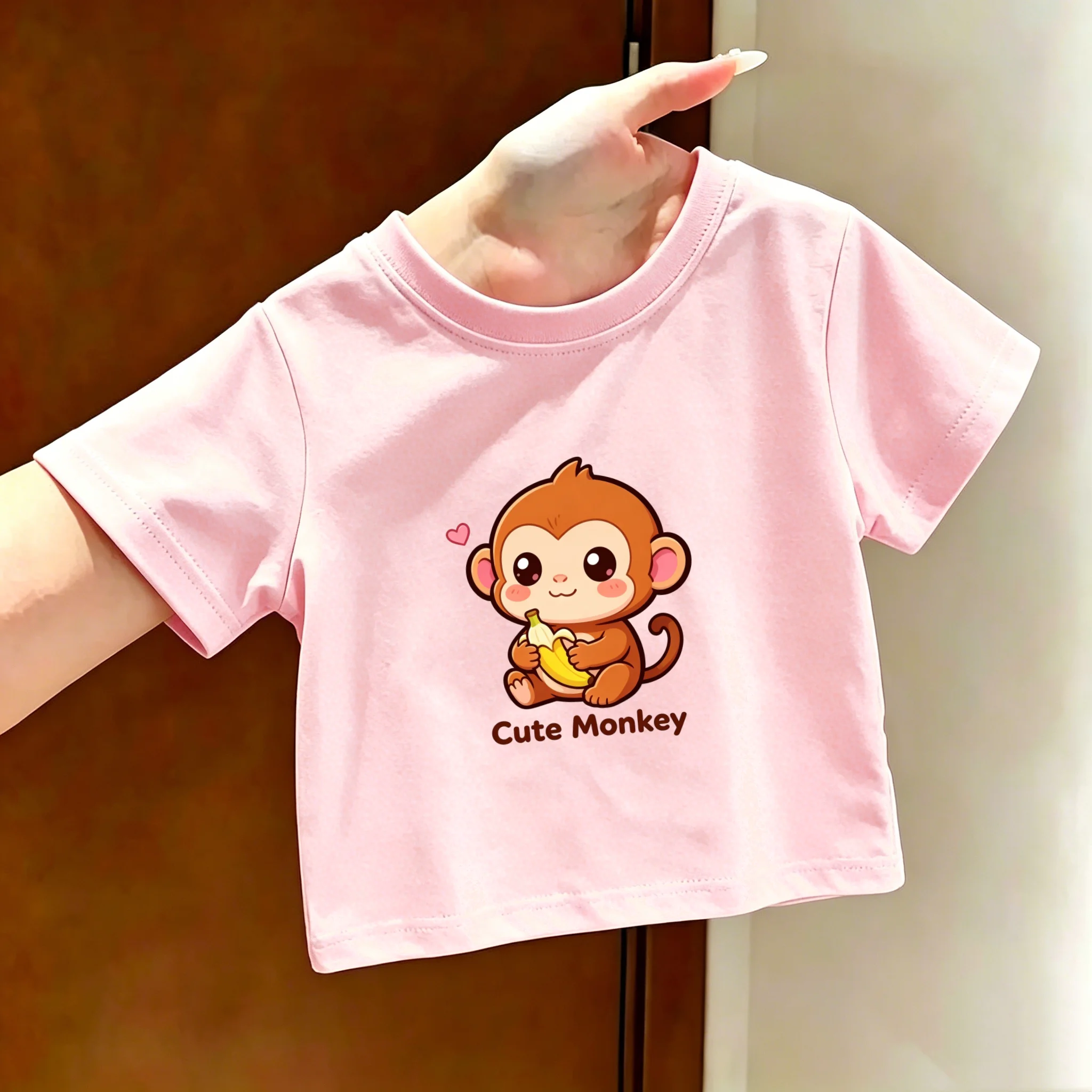 Boy or Girl Cartoon Print Short-sleeved T-shirt with Round Neck Featuring Cute Monkey Pattern, Summer 2026 New Style