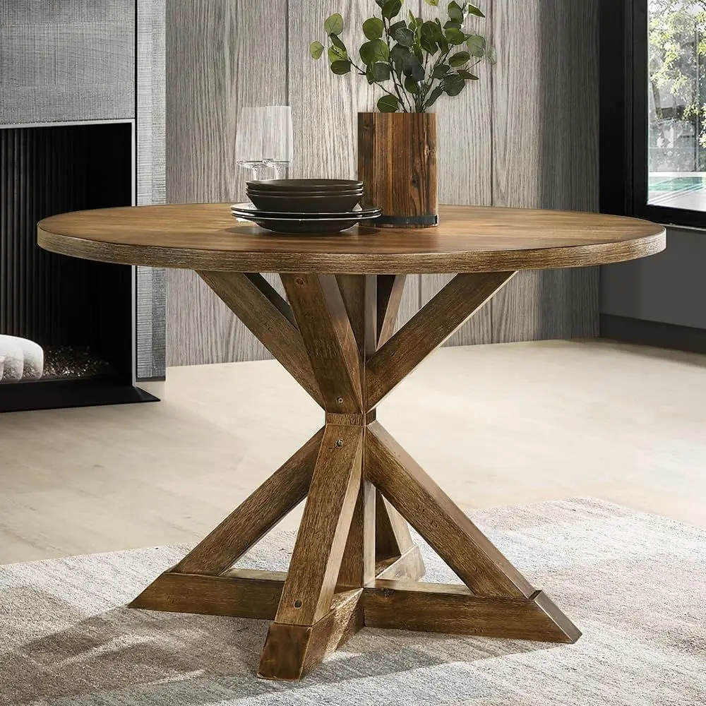 

48 Circular Wooden Dining Table for 4-6, Country Rustic Style with Solid Wood and Buck Base for Kitchen or Living Room in Walnut