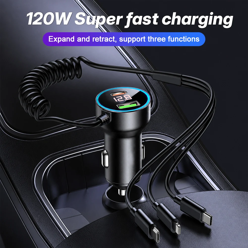 120W Car Charger 5 Ports Fast Charging PD QC3.0 USB C Car Phone Charger Type C Adapter in Car For iPhone 17 18 Pro Max Samsung view 3